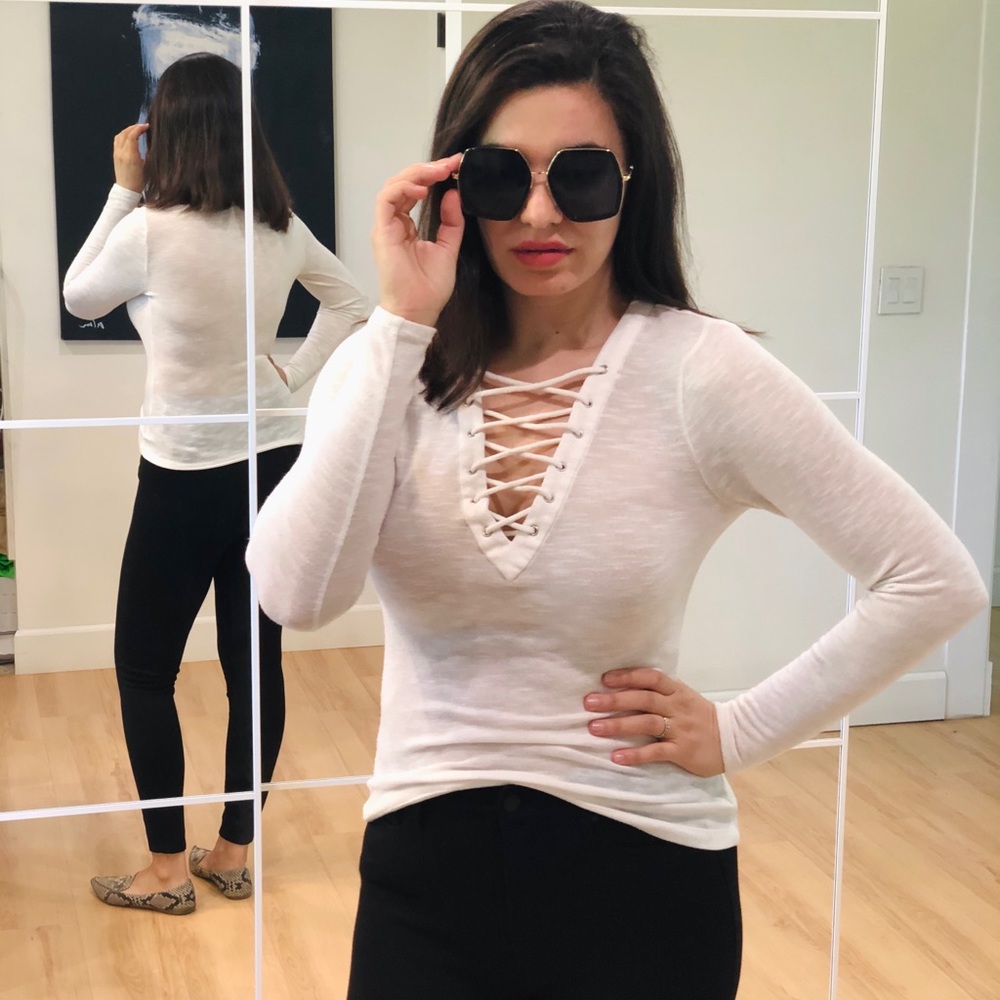 Bebe white long sleeve v neck shirt